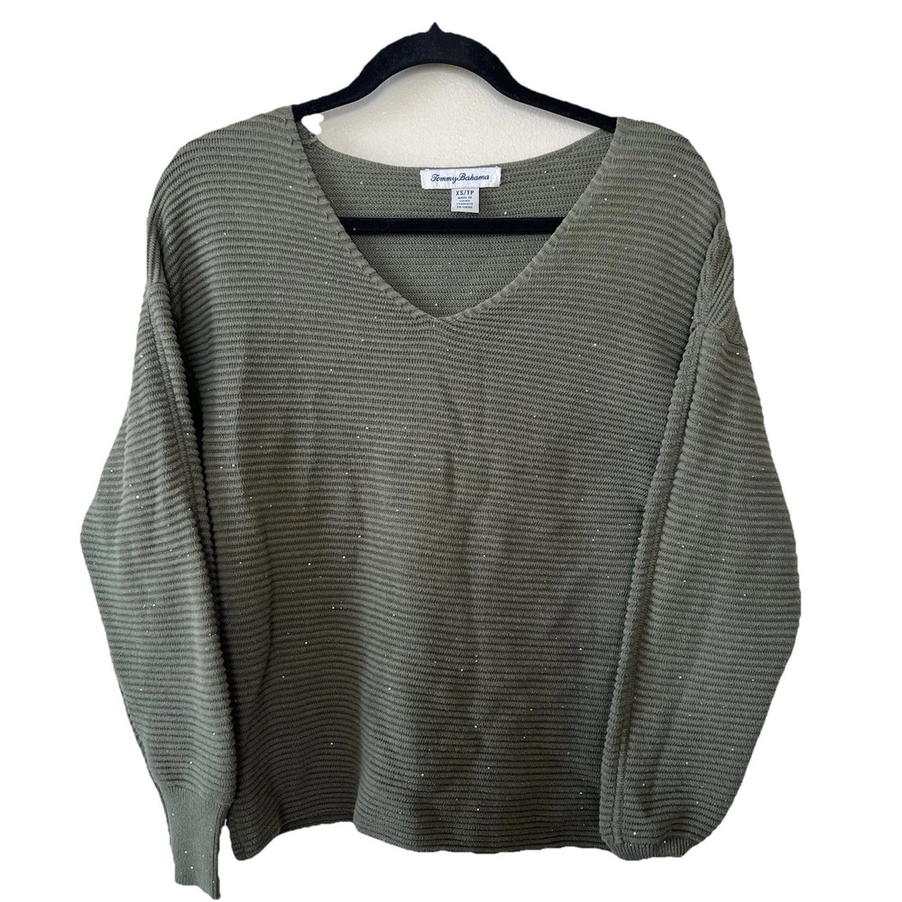 Tommy Bahama Sweater Women XS Jewel Bay Mini Sequin Ribbed Sage Green Fall EUC‎